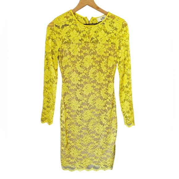 Belle Badgley Mischka Butter Yellow Bodycon Knee Length Lace Dress Sz 0/XS - Picture 1 of 8